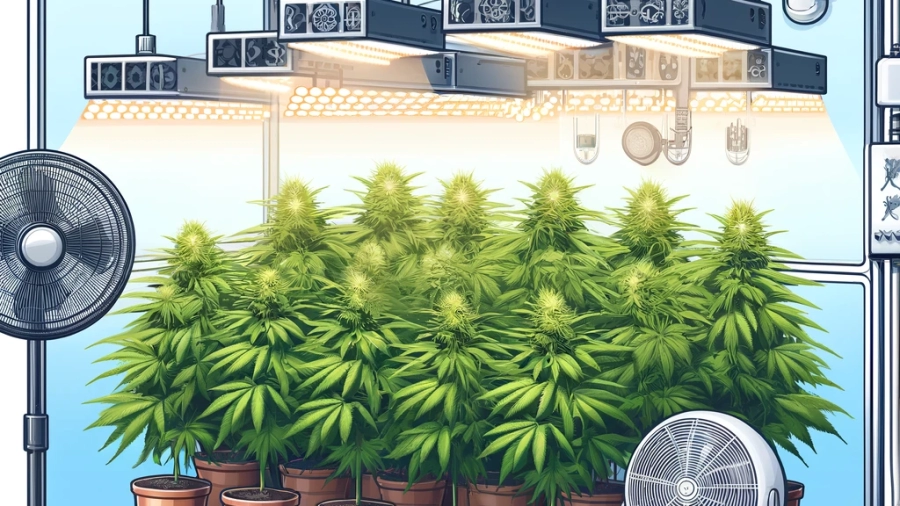 DALL·E 2024-04-25 16.02.31 - Illustration of a well-organized indoor cannabis grow room, showing a series of grow lights hanging above plants in pots, an exhaust fan at the top of