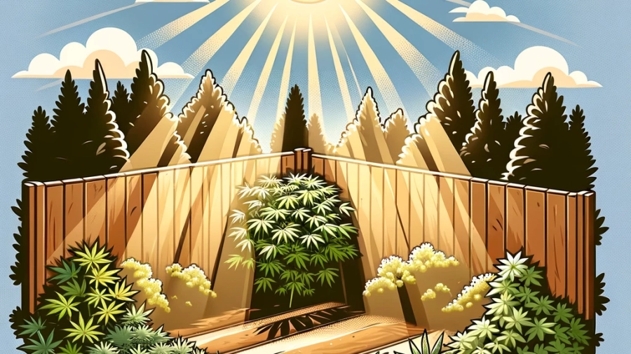 DALL·E 2024-04-25 16.13.53 - Illustration of a sunny, secluded garden spot ideal for outdoor cannabis cultivation. The image should depict a garden with a natural barrier like bus