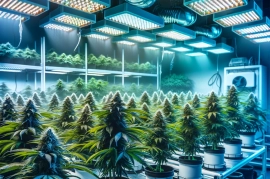 DALL·E 2024-04-26 11.16.25 - Indoor cannabis cultivation setup showing a row of autoflowering cannabis plants in various stages of growth under state-of-the-art LED lighting. The