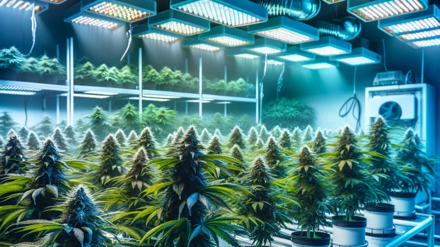 DALL·E 2024-04-26 11.16.25 - Indoor cannabis cultivation setup showing a row of autoflowering cannabis plants in various stages of growth under state-of-the-art LED lighting. The