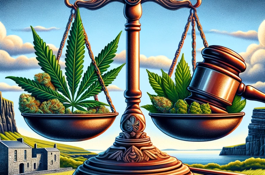DALL·E 2024-04-29 14.33.20 - An illustration depicting a balanced scale of justice, with one side holding a cannabis leaf and the other a gavel. The background features iconic Iri
