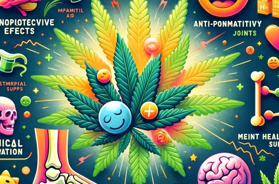 DALL·E 2024-05-01 16.05.00 - A detailed and vibrant educational illustration showing the health benefits of THC. Include imagery of a brain depicting neuroprotective effects, join
