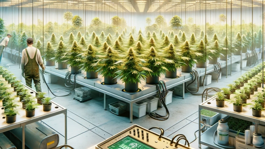 DALL·E 2024-05-01 16.06.16 - A modern cannabis cultivation facility showcasing advanced techniques. The scene includes a large indoor grow room lit by high-efficiency LED lights,