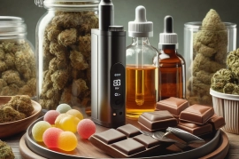 DALL·E 2024-05-03 18.59.36 - A realistic and detailed depiction of a variety of cannabis products arranged aesthetically. The image includes several types of products such as drie
