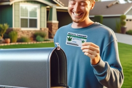 DALL·E 2024-05-08 12.24.28 - A person happily receiving their medical cannabis card in the mail, standing at a mailbox with a card in hand. The setting is a suburban neighborhood