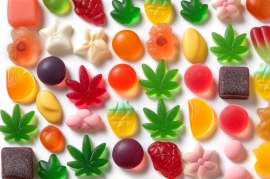 DALL·E 2024-05-09 13.48.46 - A variety of colorful cannabis gummies in different fruit shapes and flavors, neatly arranged on a white background, showcasing their appeal and preci
