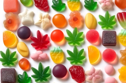 DALL·E 2024-05-09 13.48.46 - A variety of colorful cannabis gummies in different fruit shapes and flavors, neatly arranged on a white background, showcasing their appeal and preci