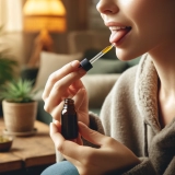 DALL·E 2024-05-15 12.55.40 - A person using a dropper to place a cannabis tincture under their tongue. The person is sitting in a cozy, well-lit living room setting