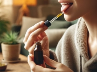 DALL·E 2024-05-15 12.55.40 - A person using a dropper to place a cannabis tincture under their tongue. The person is sitting in a cozy, well-lit living room setting